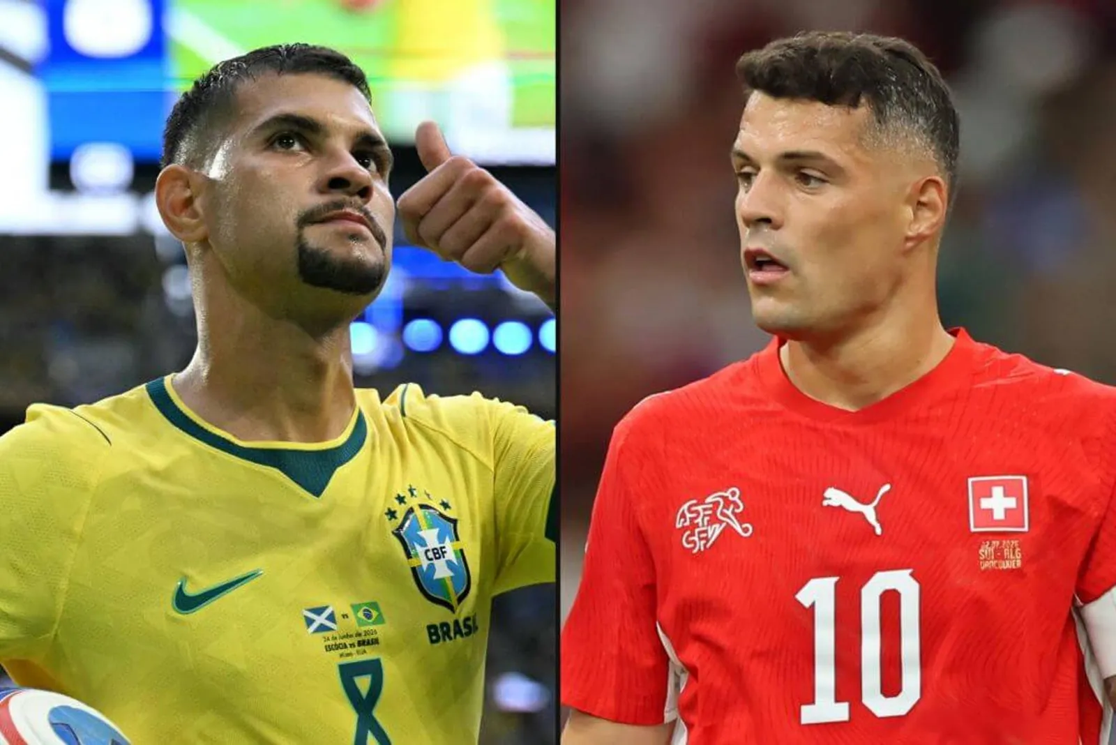 Two separate photos combined. One of Bruno Guimaraes in his Brazil kit and one of Granit Xhaka in his Switzerland kit.