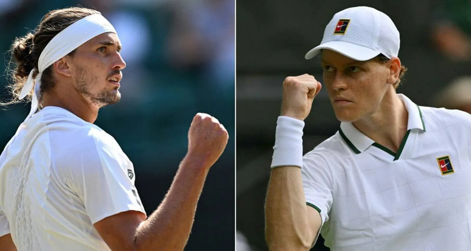 A split image of Alexander Zverev (left) and Jannik Sinner (right) both pumping their fists in celebration.
